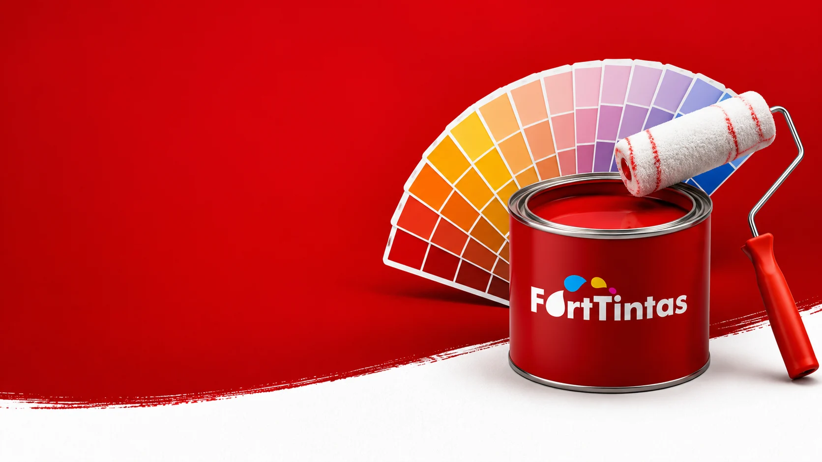 Leque de cores, lata de tinta e rolo representando as opções da FortTintas